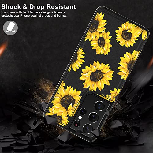 LETO Galaxy S21 Ultra Case,Flip Folio Leather Wallet Case Cover with Fashion Designs for Girls Women,Card Slots Kickstand Phone Case for Samsung Galaxy S21 Ultra 6.8" Blooming Sunflowers