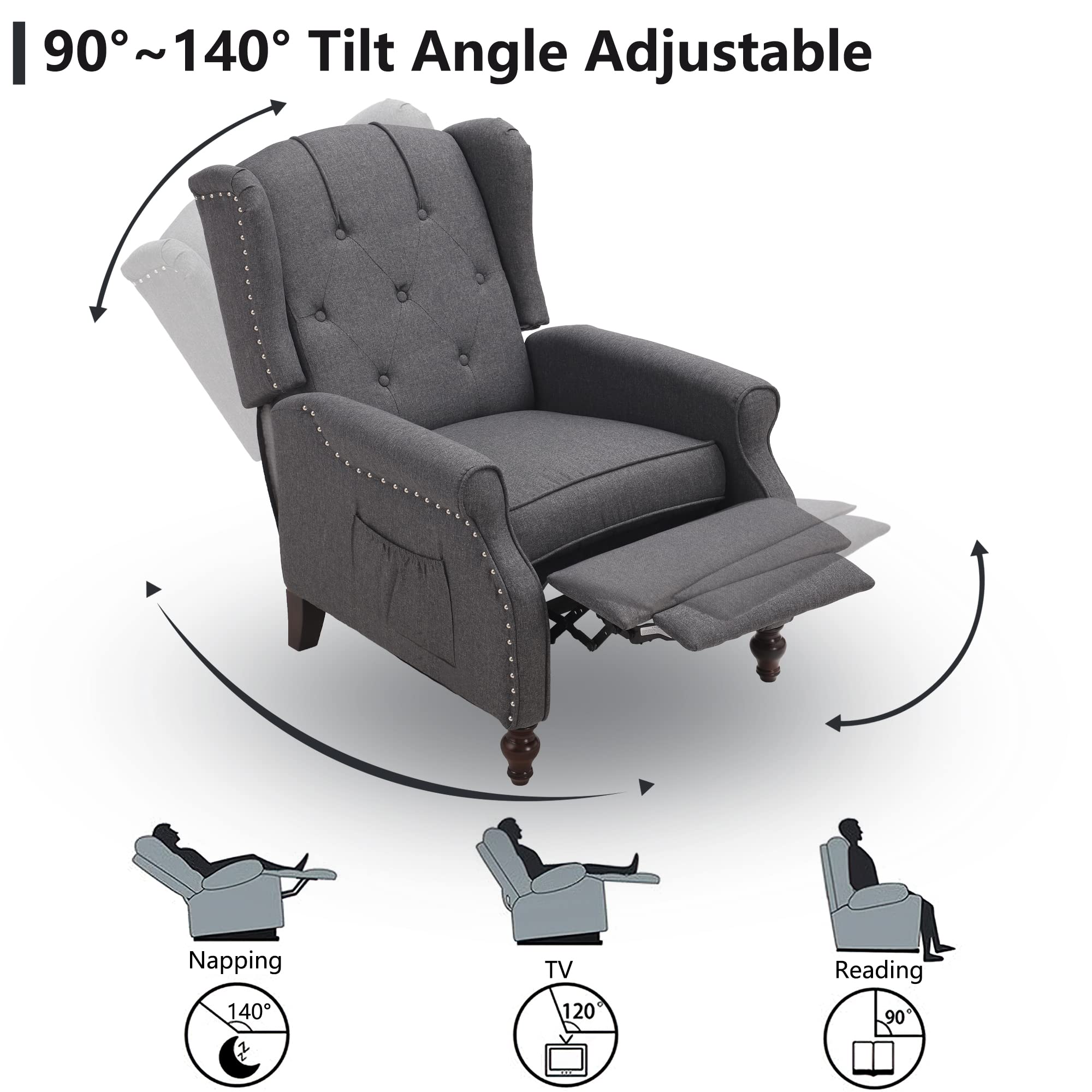 Consofa Wingback Recliner Chair with Massage and Heat Tufted Fabric Push Back Arm Chair for Living Room Vintage Recliner Chair with Remote Control, Padded Cushion, Backrest, Wooden Legs