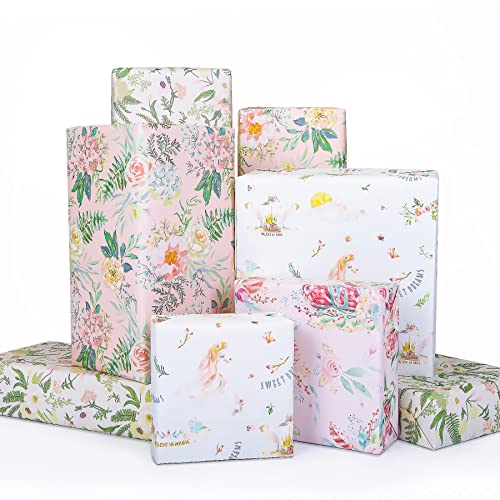 Larcenciel Gift Wrapping Paper, Birthday Wrapping Paper for Girls - Pretty Unicorn Floral Design, Gift wraps Perfect for Birthday, Mothers Day, Wedding, Baby Shower, Any Occasion, 4 Sheets 27.5x19.6in