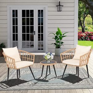 BPTD 3 Piece Outdoor Bistro Set Patio Set Balcony Furniture Outdoor Furniture Rattan Chair Conversation Sets with Side Table for Porch, Backyard, Balcony (Brown/Ecru White)