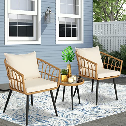 BPTD 3 Piece Outdoor Bistro Set Patio Set Balcony Furniture Outdoor Furniture Rattan Chair Conversation Sets with Side Table for Porch, Backyard, Balcony (Brown/Ecru White)