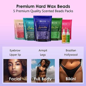 DELEXI All-in-one At Home Waxing Kit for Women +5 Pack Salon Quality Hard Wax Beads +Silicone Wax Kit Accessories + Hot Wax Melt Warmer for Hair Removal For Brows, Bikini, Legs & Sensitive skin