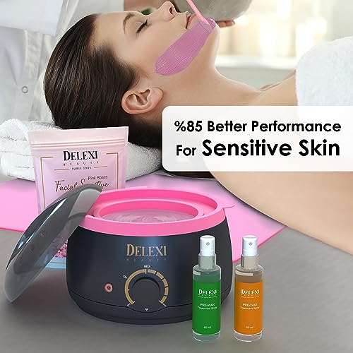 DELEXI All-in-one At Home Waxing Kit for Women +5 Pack Salon Quality Hard Wax Beads +Silicone Wax Kit Accessories + Hot Wax Melt Warmer for Hair Removal For Brows, Bikini, Legs & Sensitive skin