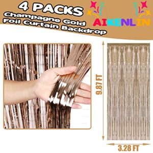 4 Pack 3.2Ft x 9.8Ft Champagne Gold Foil Fringe Curtain Backdrop, Metallic Tinsel Foil Fringe Streamers Curtains for Party, Photo Booth Props, Birthday, Wedding, Christmas Party Decoration Supplies