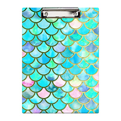 Clipboard Decorative Office School Hardboard Wood Nursing Clip Board and Pull for Standard A4 Letter Size Blue Pink Fish Colorful Mermaid 12.5" X 8.5"
