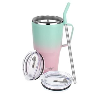 sursip 30oz mug tumbler-stainless steel vacuum insulated mug with handle,lid and straw,fit for car holder,keeps drinks cold up to 24 hours,sweat proof and leak proof,dishwasher safee-green&pink