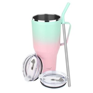 sursip 40oz mug tumbler-stainless steel vacuum insulated mug with handle,lid and straw,fit for car holder,keeps drinks cold up to 24 hours,sweat proof and leak proof,dishwasher safe-green&pink