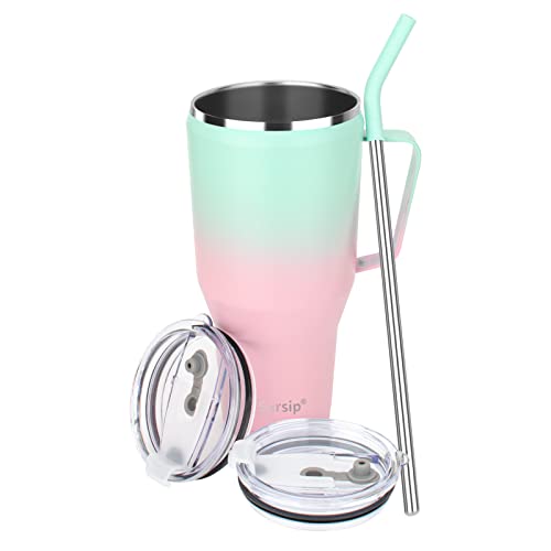 Sursip 40oz Mug Tumbler-Stainless Steel Vacuum Insulated Mug with Handle,Lid and Straw,Fit for Car Holder,Keeps Drinks Cold up to 24 Hours,Sweat Proof and Leak Proof,Dishwasher Safe-Green&Pink