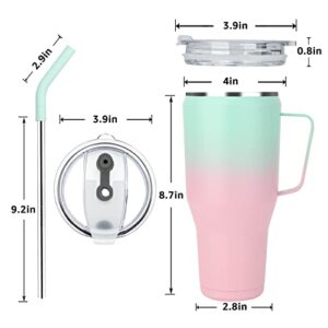 Sursip 40oz Mug Tumbler-Stainless Steel Vacuum Insulated Mug with Handle,Lid and Straw,Fit for Car Holder,Keeps Drinks Cold up to 24 Hours,Sweat Proof and Leak Proof,Dishwasher Safe-Green&Pink