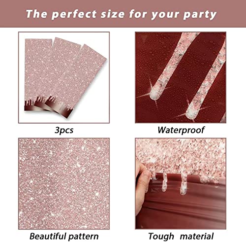 3pcs Pink Rose Gold Birthday Party Tablecloths Rose Gold Sequin Printed Plastic Table Cover Glitter Diamonds Happy Birthday Background for Girl Wedding Graduation Anniversary Indoor Outdoor（Plastic）