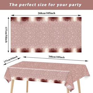 3pcs Pink Rose Gold Birthday Party Tablecloths Rose Gold Sequin Printed Plastic Table Cover Glitter Diamonds Happy Birthday Background for Girl Wedding Graduation Anniversary Indoor Outdoor（Plastic）