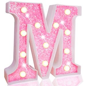 pooqla led marquee letter lights, light up pink letters glitter alphabet letter sign battery powered for night light birthday party wedding girls gifts home bar christmas decoration, pink letter m