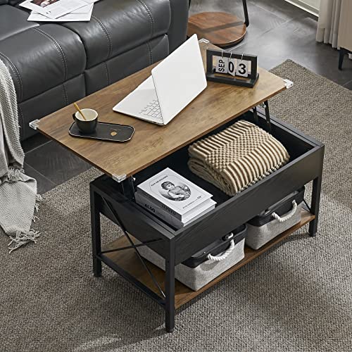 VINGLI 36" Lift Top Coffee Table with Free Cloth Storage Bins, Rustic Framhouse Black Coffee Table for Living Room, Small Modern Coffee Table for Small Space in Minimalistic Style, Black