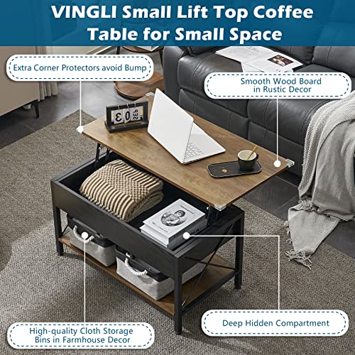 VINGLI 36" Lift Top Coffee Table with Free Cloth Storage Bins, Rustic Framhouse Black Coffee Table for Living Room, Small Modern Coffee Table for Small Space in Minimalistic Style, Black