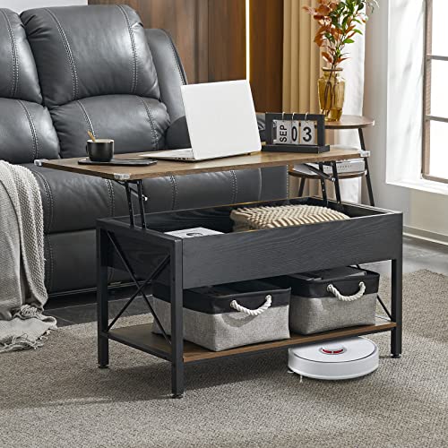 VINGLI 36" Lift Top Coffee Table with Free Cloth Storage Bins, Rustic Framhouse Black Coffee Table for Living Room, Small Modern Coffee Table for Small Space in Minimalistic Style, Black