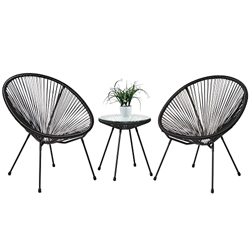 Cozy Castle 3-Piece Acapulco Patio Chair with Cover, All-Weather Weave Lounge Chair, Patio Conversation Bistro Set, Balcony Chair Egg Chairs with Glass Top Table (Black)