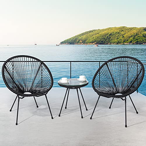 Cozy Castle 3-Piece Acapulco Patio Chair with Cover, All-Weather Weave Lounge Chair, Patio Conversation Bistro Set, Balcony Chair Egg Chairs with Glass Top Table (Black)