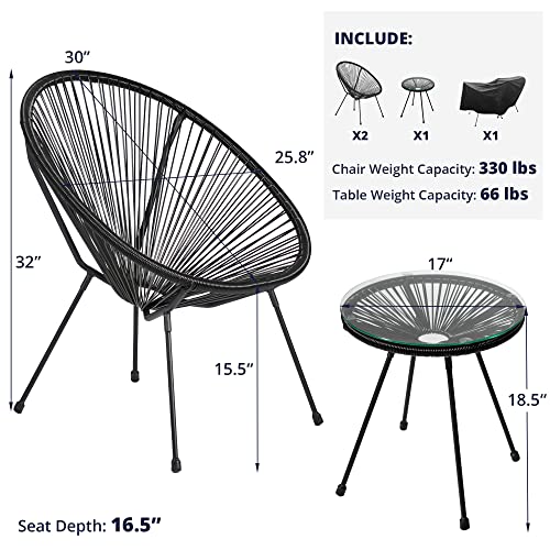 Cozy Castle 3-Piece Acapulco Patio Chair with Cover, All-Weather Weave Lounge Chair, Patio Conversation Bistro Set, Balcony Chair Egg Chairs with Glass Top Table (Black)