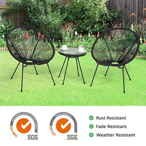 Cozy Castle 3-Piece Acapulco Patio Chair with Cover, All-Weather Weave Lounge Chair, Patio Conversation Bistro Set, Balcony Chair Egg Chairs with Glass Top Table (Black)