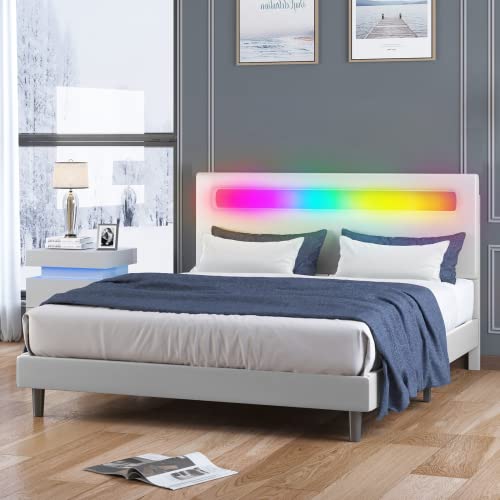 Mjkone Platform Bed Frame with Smart RGB LED Light Bar, Full Size Bed Frame with Headboard, Works with Alexa or Apps, Upholstered Bed Frames Adjustable Lighting Effects/ No Mattress (Full, White)