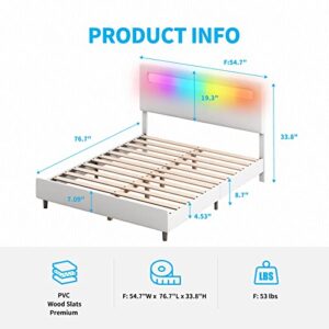 Mjkone Platform Bed Frame with Smart RGB LED Light Bar, Full Size Bed Frame with Headboard, Works with Alexa or Apps, Upholstered Bed Frames Adjustable Lighting Effects/ No Mattress (Full, White)