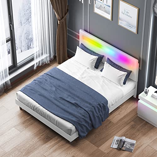 Mjkone Platform Bed Frame with Smart RGB LED Light Bar, Full Size Bed Frame with Headboard, Works with Alexa or Apps, Upholstered Bed Frames Adjustable Lighting Effects/ No Mattress (Full, White)