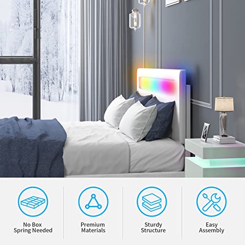 Mjkone Platform Bed Frame with Smart RGB LED Light Bar, Full Size Bed Frame with Headboard, Works with Alexa or Apps, Upholstered Bed Frames Adjustable Lighting Effects/ No Mattress (Full, White)