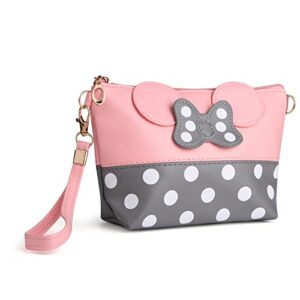 yiwoo cosmetic bag mouse ears bag with zipper,cartoon leather travel makeup handbag with ears and bow-knot, cute portable cosmetic bag toiletry pouch for women teen girls kids(pink)