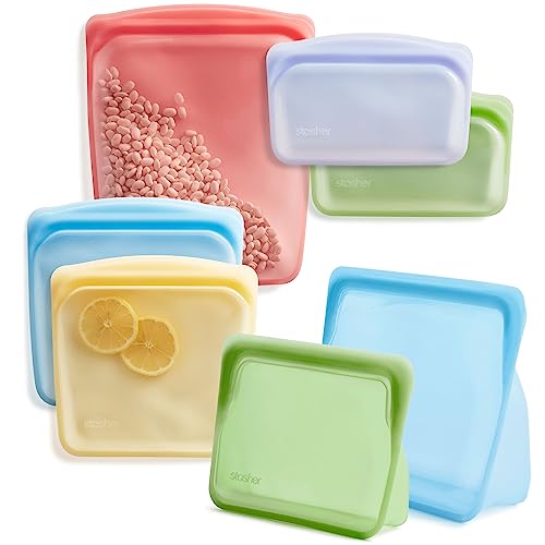 Stasher Reusable Silicone Storage Bag, Food Storage Container, Microwave and Dishwasher Safe, Leak-free, Bundle 7-Pack, Rainbow