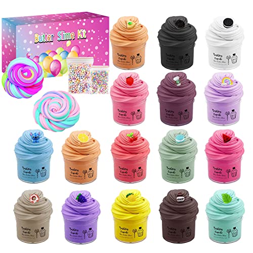 sloueasy 16 Pack Butter Slime Kit, with Mint Slime, Watermelon Coffee Lemon Rainbow and Cake Super Soft & Non-Sticky, Birthday Gifts for Girl Boys