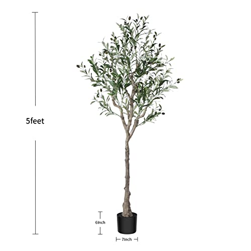 Dr.Planzen Artificial Olive Tree,5FT Tall Fake Plant Faux Olive Plants for Indoor,Natural Fake Tree,Artificial Silk Plants for Office Home Living Room Floor Patio Greening Porch Decor,Set of 1