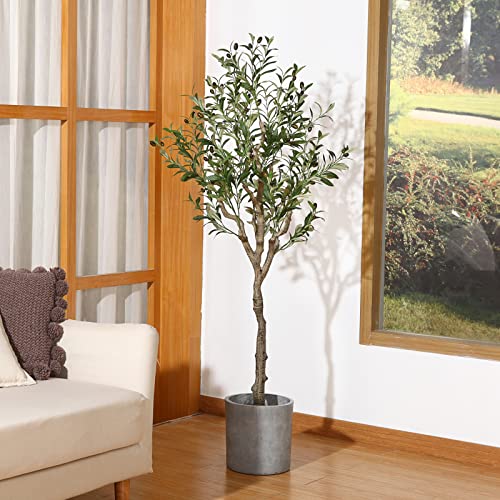 Dr.Planzen Artificial Olive Tree,5FT Tall Fake Plant Faux Olive Plants for Indoor,Natural Fake Tree,Artificial Silk Plants for Office Home Living Room Floor Patio Greening Porch Decor,Set of 1