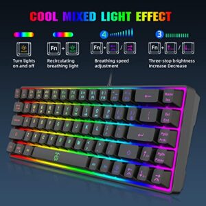 Snpurdiri 60% Gaming Keyboard, Rainbow Backlit Mini Keyboard,Built-in Steel Plate, Membrane Keyboard but Super Mechanical Feel for Windows PC Gamers(68 Keys, Black Rainbow)