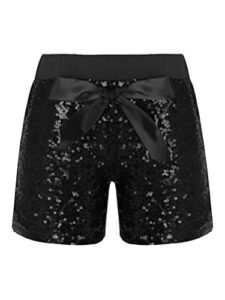 aislor girl's boy's athletic dance shorts pull on shiny sequin shorts training gymnastics short hot pants with bowknot black 7-8 years