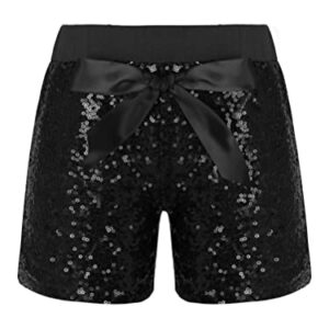 Aislor Girl's Boy's Athletic Dance Shorts Pull On Shiny Sequin Shorts Training Gymnastics Short Hot Pants with Bowknot Black 7-8 Years