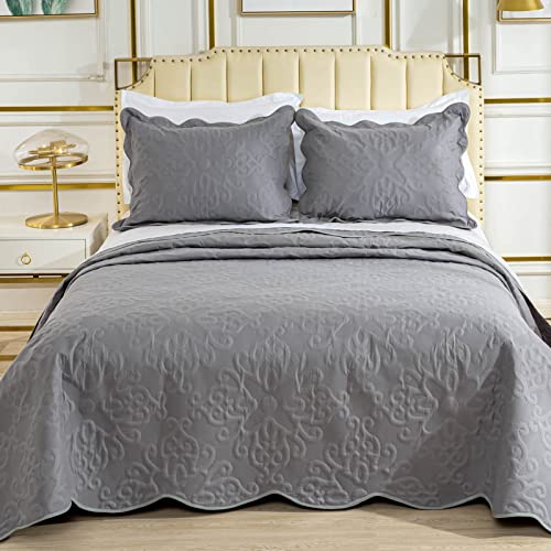 Oversized King Bedspreads 128x120 for Extra Tall King/California King Bed Lightweight Quilted Coverlet Set 3 Pieces 1 Quilt 2 Pillow Shams Gray