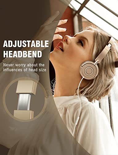 Nasuque Wired Headphones with Microphone, Portable Foldable Headsets with Stereo Bass, Noise Isolating and Adjustable Headband for Home Office Travel (Gold)
