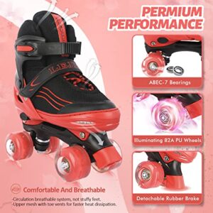 LEJIJIT Roller Skates for Kids Boys Girls Toddler Ages 3-12, Adjustable 4 Sizes for Kids and Youth Teen with Light Up Wheels, Quad Red Roller Skates for Sports (Little Kid 11C-1Y)