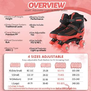 LEJIJIT Roller Skates for Kids Boys Girls Toddler Ages 3-12, Adjustable 4 Sizes for Kids and Youth Teen with Light Up Wheels, Quad Red Roller Skates for Sports (Little Kid 11C-1Y)