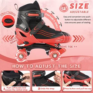 LEJIJIT Roller Skates for Kids Boys Girls Toddler Ages 3-12, Adjustable 4 Sizes for Kids and Youth Teen with Light Up Wheels, Quad Red Roller Skates for Sports (Little Kid 11C-1Y)
