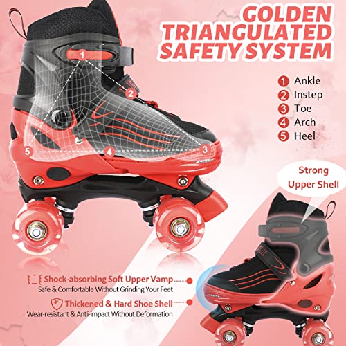 LEJIJIT Roller Skates for Kids Boys Girls Toddler Ages 3-12, Adjustable 4 Sizes for Kids and Youth Teen with Light Up Wheels, Quad Red Roller Skates for Sports (Little Kid 11C-1Y)