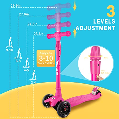 Scooters for Kids Age 3-5, Kick Scooter for Boys Girls Toddlers, 4 Adjustable Height, AEBC-9 Bearing, 3 Light Up Wheels, Outdoor Activities for Children from 3 to 12 Years Old, Pink