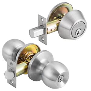 neutype 1 pack satin nickel front door lock set front door handle sets with single cylinder deadbolt and keyed entry door knob, compatible with right & left handed doors