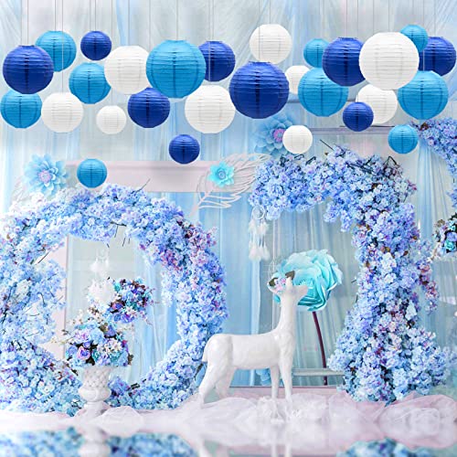 Blue Paper Lanterns Decorative, Hanging Round Paper Lantern Party Supplies for Anniversary Graduation Wedding Birthday Party Baby Shower Decorations Indoor Outdoor, 21pcs