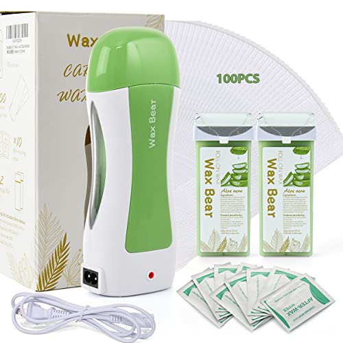 Wax Bear Roll On Wax Warmer Kit,Depilatory Wax Roller Kit for Hair Removal, Soft Wax Heater with 2 Cartridge Refill,10 Wipes and 100 pcs Wax Strips