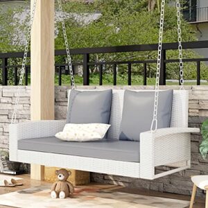 2-person porch swing with hanging chains,outdoor rattan wicker porch swing bench with cushion/pillow for front garden, backyard, pond, heavy duty 500 lbs (white wicker, gray cushion)