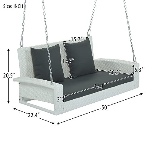 2-Person Porch Swing with Hanging Chains,Outdoor Rattan Wicker Porch Swing Bench with Cushion/Pillow for Front Garden, Backyard, Pond, Heavy Duty 500 LBS (White Wicker, Gray Cushion)