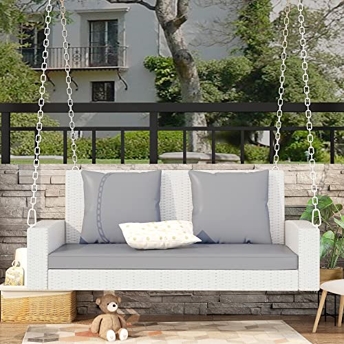 2-Person Porch Swing with Hanging Chains,Outdoor Rattan Wicker Porch Swing Bench with Cushion/Pillow for Front Garden, Backyard, Pond, Heavy Duty 500 LBS (White Wicker, Gray Cushion)