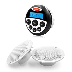 guzare marine stereo audio package - mp3 usb am fm aux in marine gauge stereo bluetooth receiver waterproof radio with 1 pair 4 inch white marine speakers 304-4001w