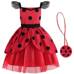 ReliParty Ladybug Dress for Girls with Mask and Bag Costume for Kids Dress Up Costume Birthday Halloween Christmas,10-12/150